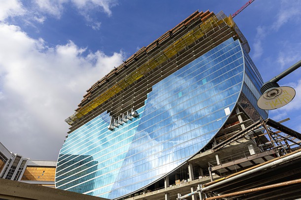 A view of the Hard Rock’s guitar-shaped hotel tower, under construction on the Las Vegas Boulevard South at the site of the Mirage, Friday, Jan. 2, 2026.