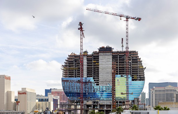 A view of the Hard Rock’s guitar-shaped hotel tower, under construction on the Las Vegas Boulevard South at the site of the Mirage, Friday, Jan. 2, 2026.