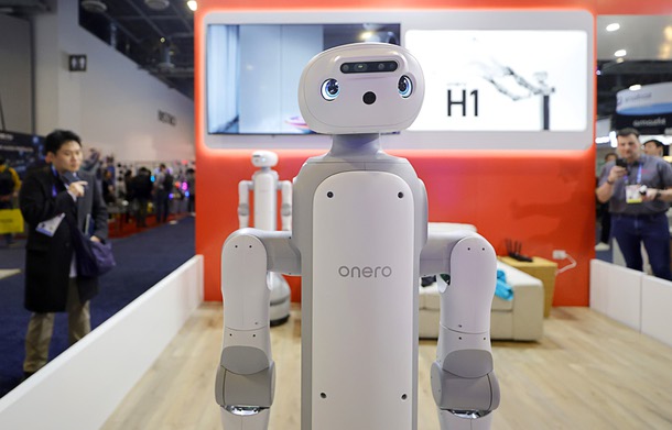 An Onero H1 AI-powered household robot is displayed in the SwitchBot booth during CES 2026 at the Venetian Expo Wednesday, Jan 7, 2026.