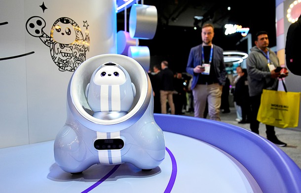 An AiMe AI robot sits on display at the TCL booth during the CES tech show Wednesday, Jan. 7, 2026, in Las Vegas. (AP Photo/John Locher)