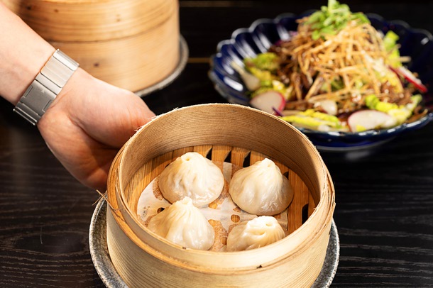 Iberico Pork Shanghainese Soup Dumplings and Peking Duck Salad at Mott 32 Las Vegas in the Palazzo Thursday, Jan. 15, 2026.