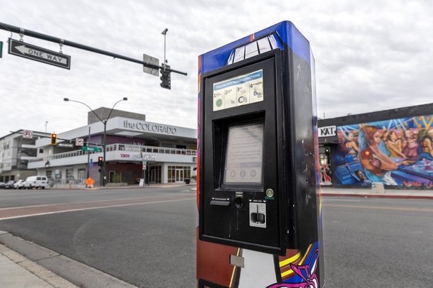 A pay-to-park kiosk on Colorado Avenue near Main Street in the Arts District. 