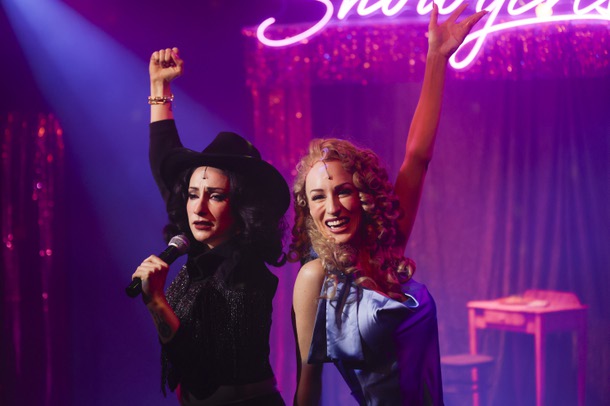 Kady Heard as Cristal Conners, left, and Elaine Hayhurst as Nomi Malone perform during a dress rehearsal of “Showgirls: An Unauthorized Musical Parody” at Majestic Repertory Theater Downtown. 