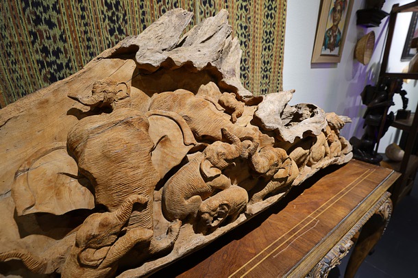 Elephants sculptures are shown carved in a tree trunk during a soft opening of the Filipino American Museum in the Boulevard mall Saturday, Feb. 7, 2026.