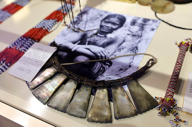 A body ornament, used as a man’s collar by the Ifugao people in North Luzon, Philippines, is displayed during a soft opening of the Filipino American Museum in the Boulevard mall Saturday, Feb. 7, 2026.