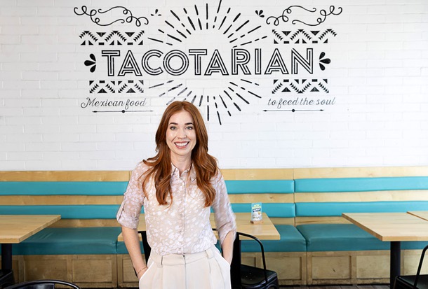 Kristen Corral, co-founder of Tacotarian, poses with poses in the restaurant in the Arts District Tuesday, Feb. 24, 2026. Corral and Metro Police Capt. Adam Seely worked together to change how downtown businesses report and address crime-related issues in their area.
