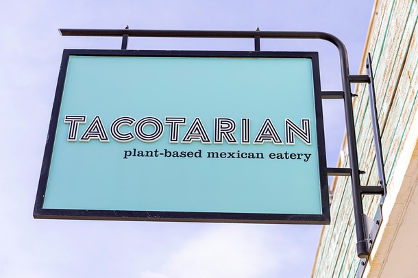 Outdoor signage is shown at Tacotarian in the Arts District Tuesday, Feb. 24, 2026.