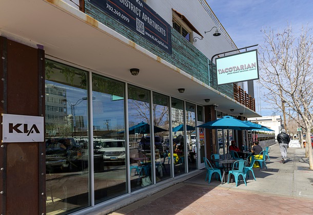 An exterior view of Tacotarian in the Arts District Tuesday, Feb. 24, 2026. Corral and Seely worked together to change how downtown businesses report and address crime-related issues in their area.