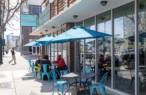 An exterior view of Tacotarian in the Arts District Tuesday, Feb. 24, 2026. Corral and Seely worked together to change how downtown businesses report and address crime-related issues in their area.