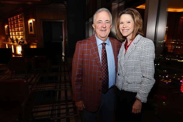 Honoree Don Logan, president/COO of the Las Vegas Aviators, and his wife Jennifer pose during a reception in Alle Lounge on 66 before the C-Suite Honors event at Resorts World Wednesday, Feb. 25, 2026.