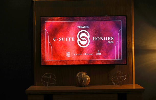 C-Suite Honors signage is shown during a reception in Alle Lounge on 66 before the C-Suite Honors event at Resorts World Wednesday, Feb. 25, 2026.