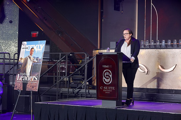 Maria Blondeaux, publisher and vice president of manufacturing at Greenspun Media Group, speaks during the C-Suite Honors event in the Zouk Nightclub at Resorts World Wednesday, Feb. 25, 2026.