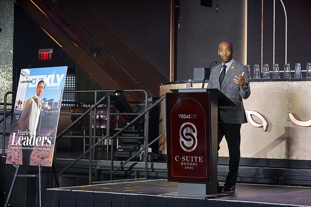 Michael Crome, senior vice president and CFO for the Las Vegas Raiders, speaks during the C-Suite Honors event in the Zouk Nightclub at Resorts World Wednesday, Feb. 25, 2026. Crome served as emcee for the event.