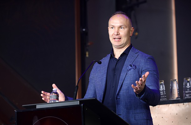 Josef Wagner, senior vice president of operations for Resorts World Las Vegas, gives opening remarks during the C-Suite Honors event in the Zouk Nightclub at Resorts World Wednesday, Feb. 25, 2026.