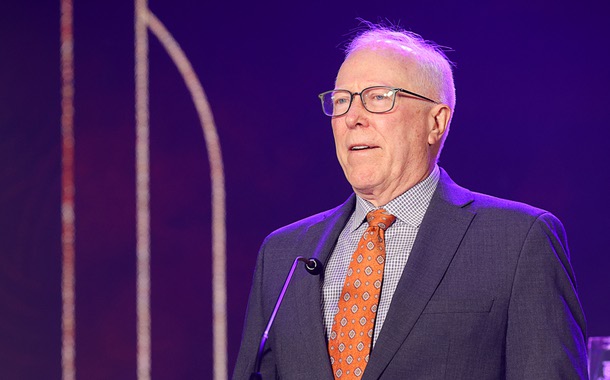 Honoree John Rhodes, president/CEO Southwest Medical and Optum Nevada, speaks during the C-Suite Honors event in the Zouk Nightclub at Resorts World Wednesday, Feb. 25, 2026.