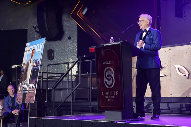 Honoree Scott Rosenzweig, president/CEO of Make A Wish Nevada, speaks during the C-Suite Honors event in the Zouk Nightclub at Resorts World Wednesday, Feb. 25, 2026.