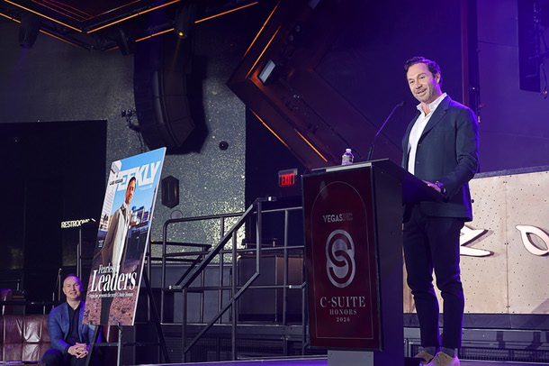 Honoree Jason Strauss, co-CEO of Tao  Group Hospitality, speaks during the C-Suite Honors event in the Zouk Nightclub at Resorts World Wednesday, Feb. 25, 2026.