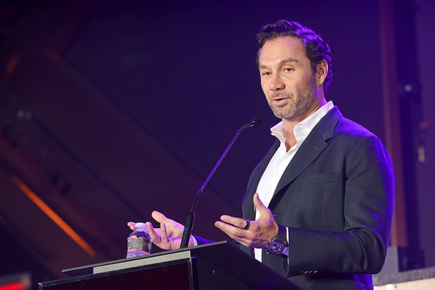 Honoree Jason Strauss, co-CEO of Tao  Group Hospitality, speaks during the C-Suite Honors event in the Zouk Nightclub at Resorts World Wednesday, Feb. 25, 2026.