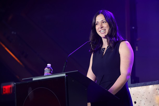 Honoree Kim Virtuoso, chief people officer for Fontainebleau Las Vegas, speaks during the C-Suite Honors event in the Zouk Nightclub at Resorts World Wednesday, Feb. 25, 2026.