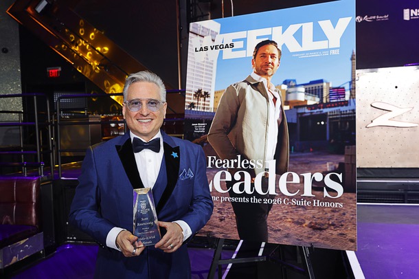 Honoree Scott Rosenzweig, president/CEO of Make A Wish Nevada, poses with his award during the C-Suite Honors event in the Zouk Nightclub at Resorts World Wednesday, Feb. 25, 2026.