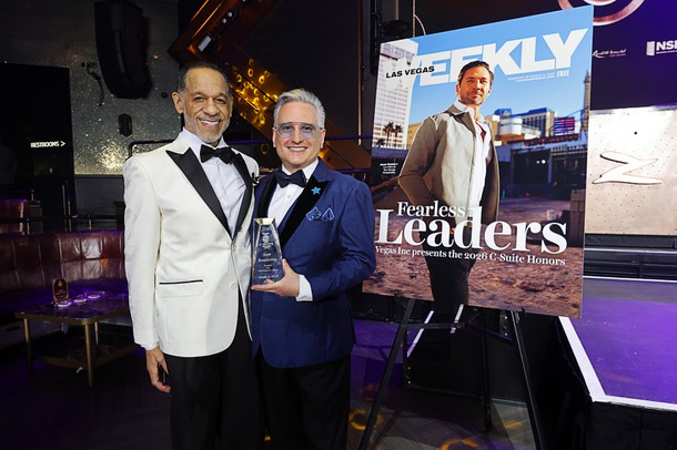 Honoree Scott Rosenzweig, right, president/CEO of Make A Wish Nevada, poses with his husband Michael during the C-Suite Honors event in the Zouk Nightclub at Resorts World Wednesday, Feb. 25, 2026.