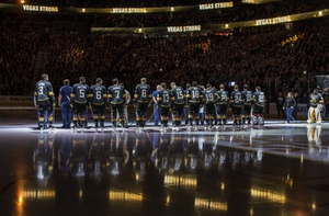 The Vegas Golden Knights were joined by first responders during a special ceremony at the first NHL regular season home game at T-Mobile Arena on October 10, 2017.