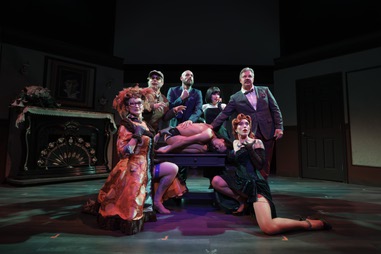 (left to right) Brandi Glass, Jaymes Mansfield, Luke Phillips (center), Simone, Tia Bean, James MacLeod and Ali Vesey in “ClueX” at Notoriety&nbsp;Live. 