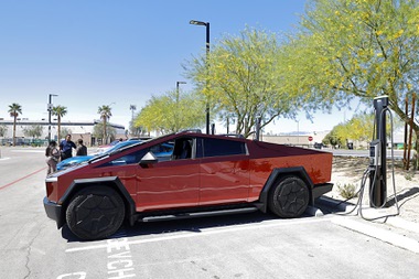 A Tesla Cybertruck is available for a test drive during an Electric Vegas Recycle & Ride event at Allegiant Stadium Saturday, April 4, 2026. Local electric vehicle enthusiasts, auto dealerships, and environmental organizations participated in the&nbsp;event.