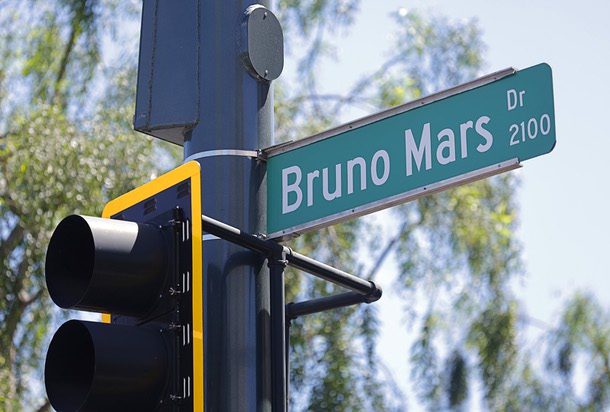 Bruno Mars Drive is shown at the Las Vegas Strip Friday, April 10, 2026, in Las Vegas. Nevada governor Joe Lombardo proclaimed April 10, 2026 as “Bruno Mars Day” and Clark County renamed a street to Bruno Mars Drive in his honor.