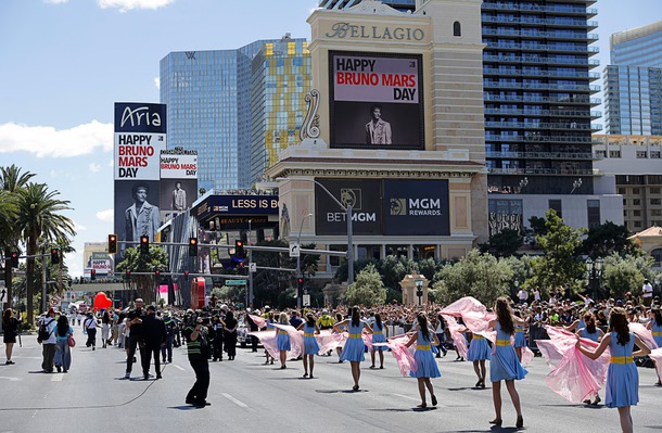 “Happy Bruno Mars Day” messages are displayed on casino marquee signs on the Las Vegas Strip Friday, April 10, 2026, during “Bruno Mars Day” in Las Vegas.
