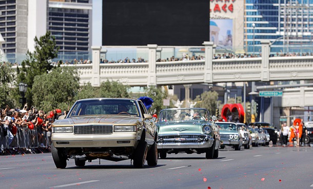 Lowrider cars parade on the Las Vegas Strip Friday, April 10, 2026, during “Bruno Mars Day” in Las Vegas.