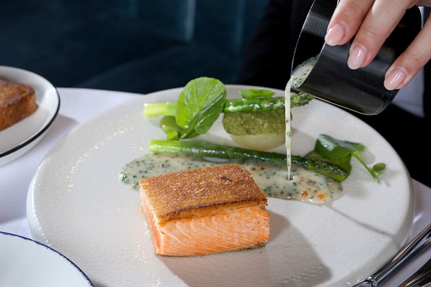 Sea trout with a brioche crust, potato fondant with a green garlic panade at Bar Boheme, 1401 S. Main St., in the Arts District Saturday, April 11, 2026.