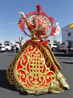 “Sinulog Queen” Maria Pacturan rehearses with Philippine folkloric dance ensemble Kalahi 2.0 before a parade and festival celebrating the first anniversary of the establishment of Filipino Town Las Vegas. 