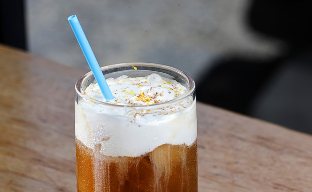 The Mont Blanc, a cold brew with vanilla foam, fresh orange zest and grated nutmeg, is shown at Vesta Coffee Roasters, 1114 S. Casino Center Blvd., in the Arts District Friday, June 12, 2026. The sandwich originally started as a secret menu item. Bodega Sando - center-cut bacon, over medium egg hash browns, cheddar cheese and habanero ketchup on an in-house made brioche bunVanilla Cardamom LatteMont Blanc - cold brew with vanilla foam, fresh orange zest and grated nutmeg