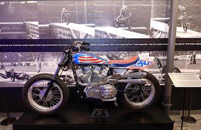 A 1970 Harley-Davison XR 750 Alloy motorcycle is displayed at the Evel Knievel Experience Wednesday, June 17, 2026. Knievel used a 1970 Harley-Davison XR 750 in 1975 when he jumped over 13 buses at Wembley Stadium in London.