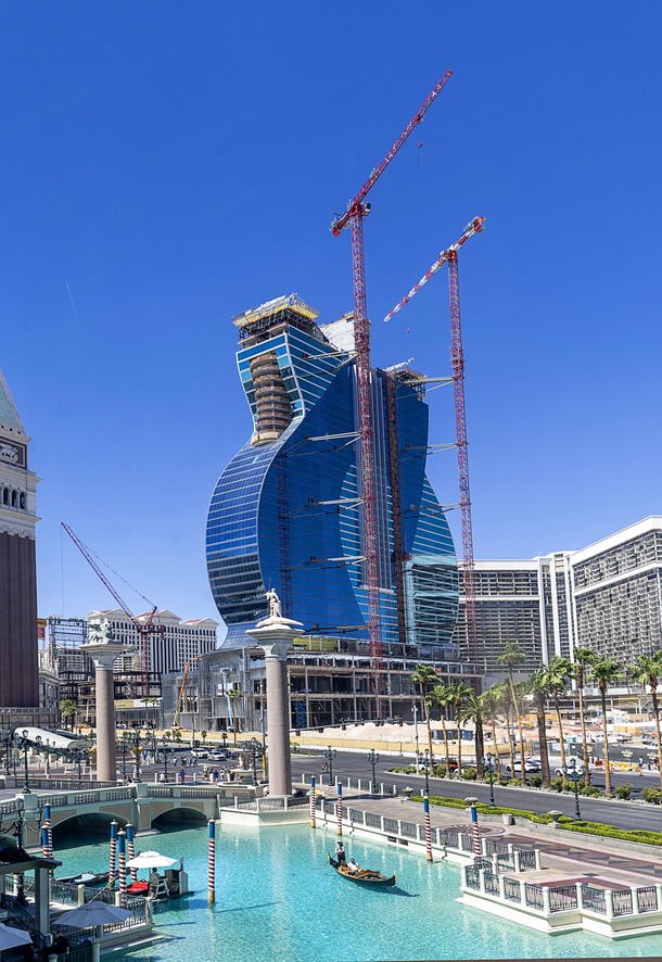 Construction continues on the guitar-shaped hotel tower at the Hard Rock on the Las Vegas Strip Friday, June 26, 2026.
