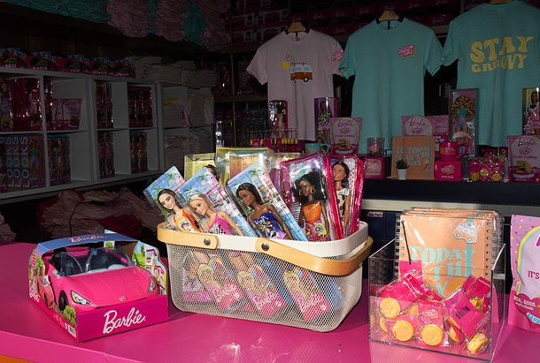 Merchandise is shown in a retail area in the Malibu Barbie Cafe at Area 15 Wednesday, Dec. 17, 2025.