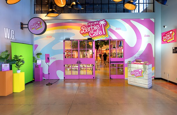 A view of the entrance to the Malibu Barbie Cafe at Area 15 Wednesday, Dec. 17, 2025.